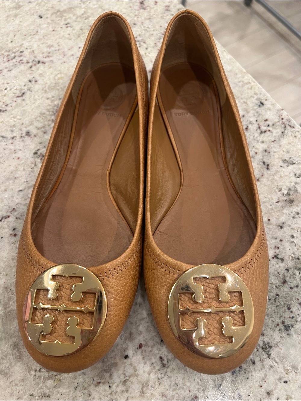 Tory Burch Tan Leather Logo Ballet Flats with Gold Medallion